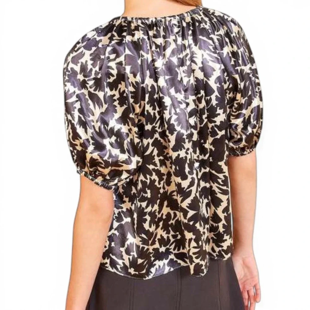 Ulla Johnson Neema Satin Blouse Top Black‎ Cream Floral Satin Puff Sleeve XS